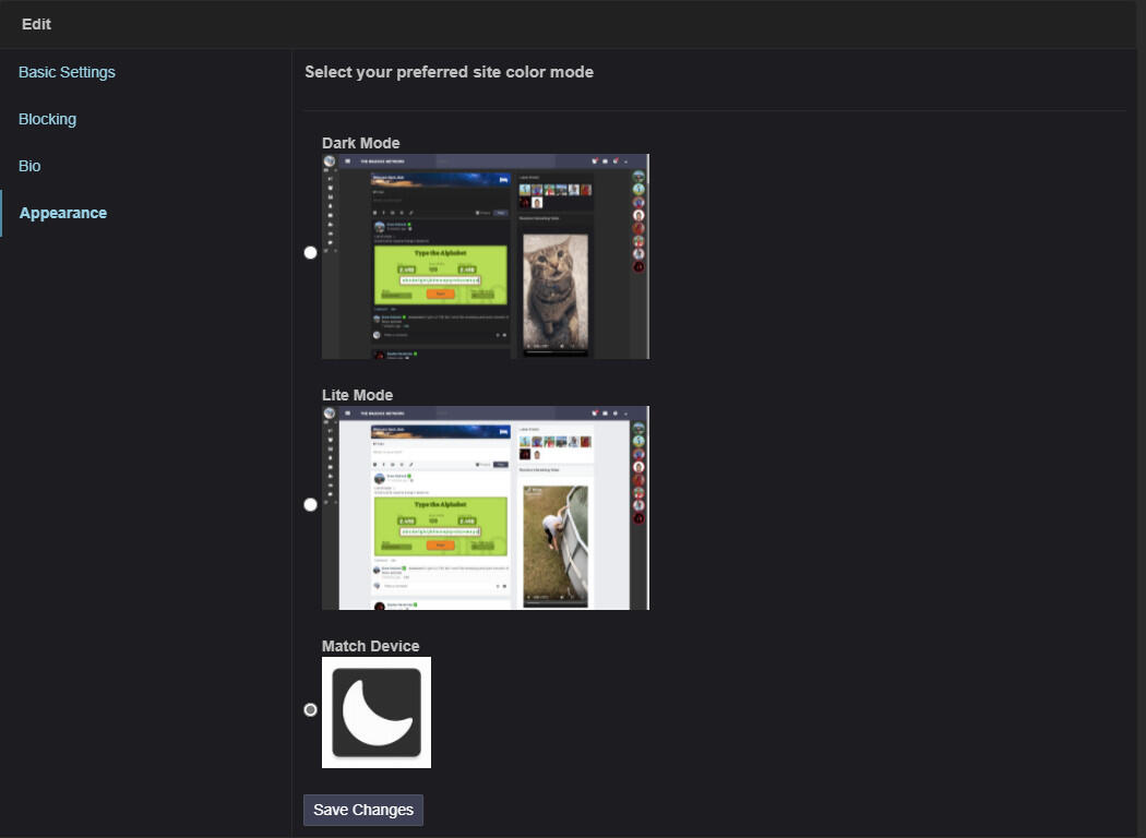 Screenshot of dark mode settings